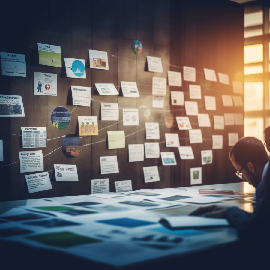 Man brainstorming with sticky notes on glass wall.