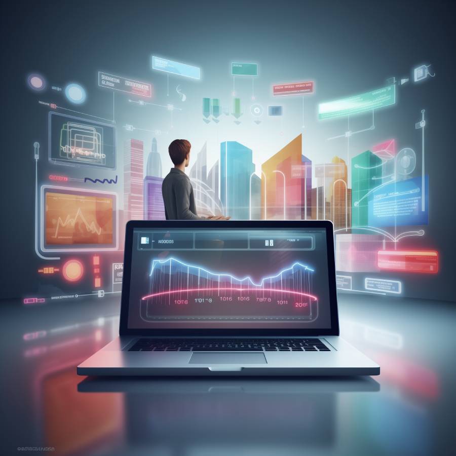 Man analyzing data on futuristic virtual display screen.