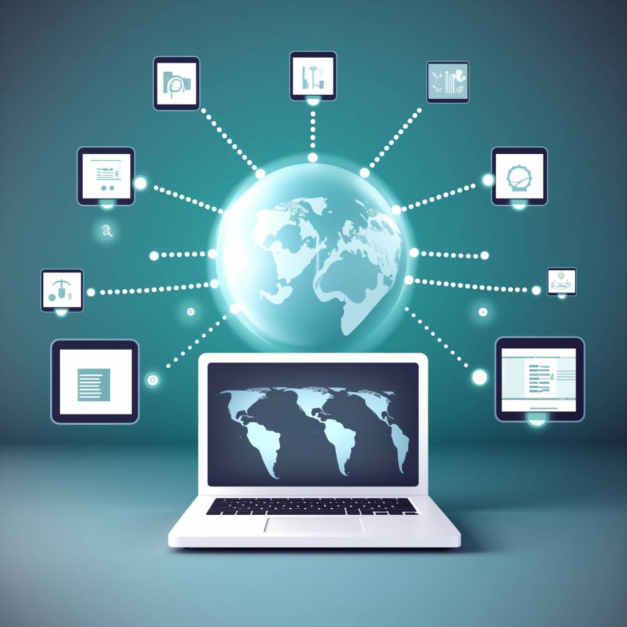 Global digital network concept with laptop and icons.