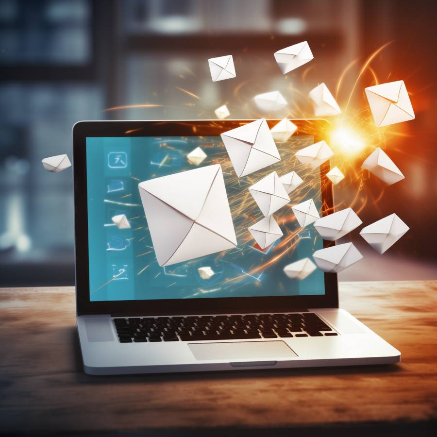 Emails flying out of laptop screen.