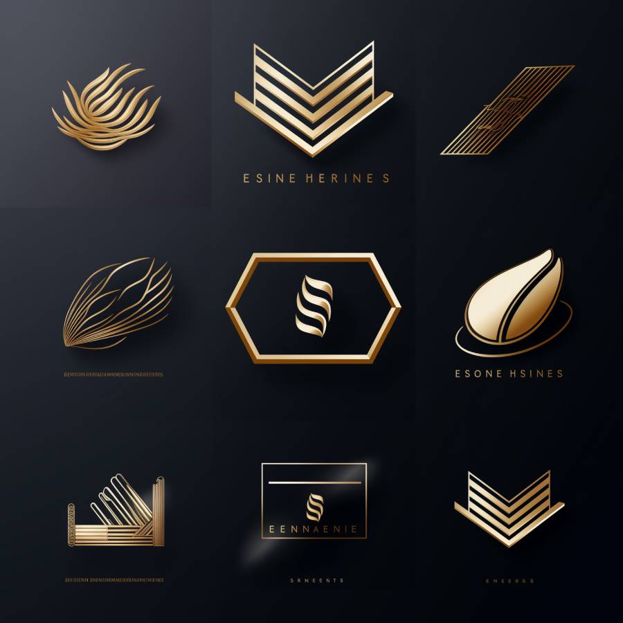 Collection of golden logo designs on dark background.