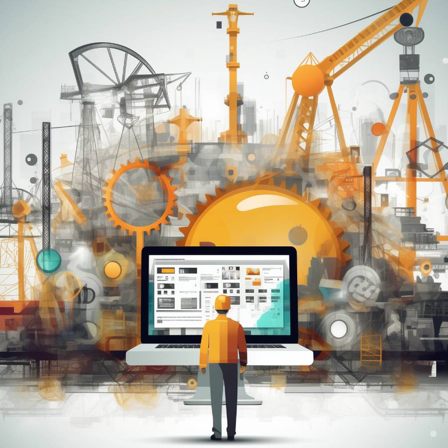 Abstract industrial design with laptop and worker silhouette.