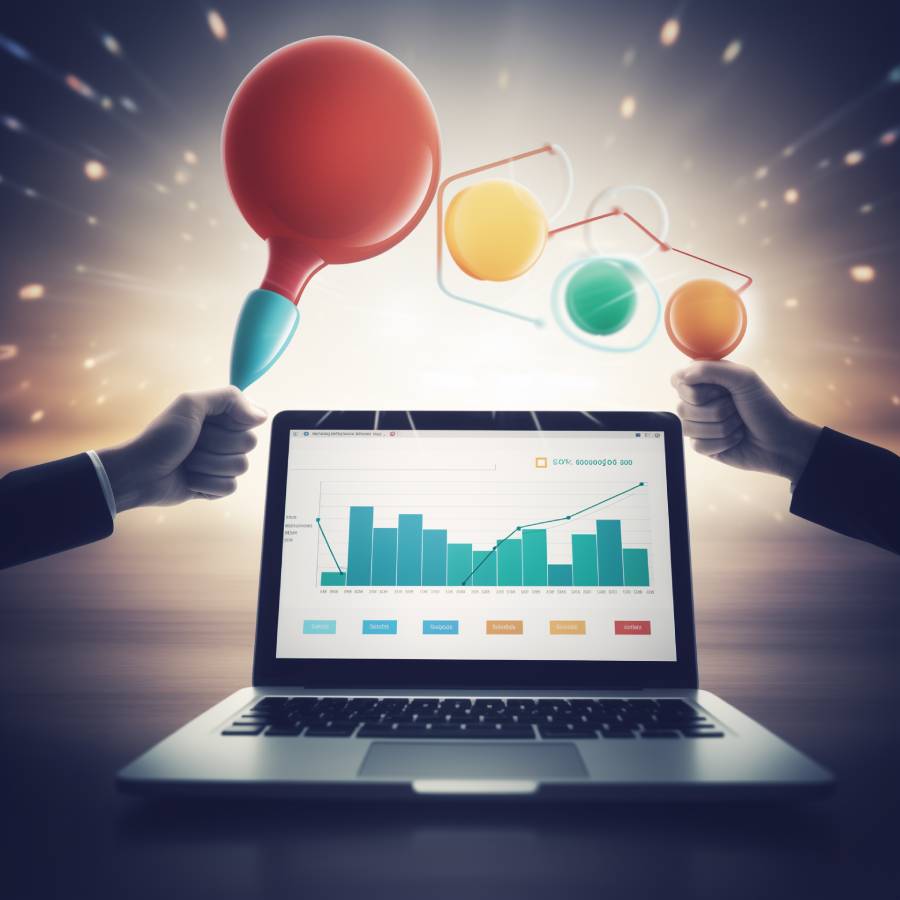 Laptop displaying graphs; hands holding ping pong paddles.