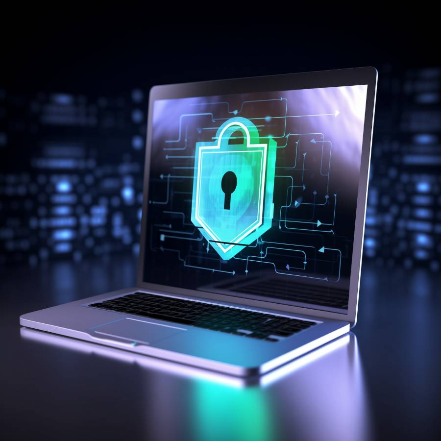 Laptop displaying cybersecurity lock icon.